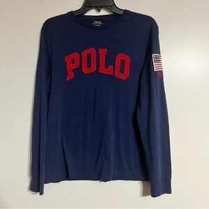 Classic Polo Ralph Lauren American Flag Patch‎ Long Sleeve T-Shirt Size Medium